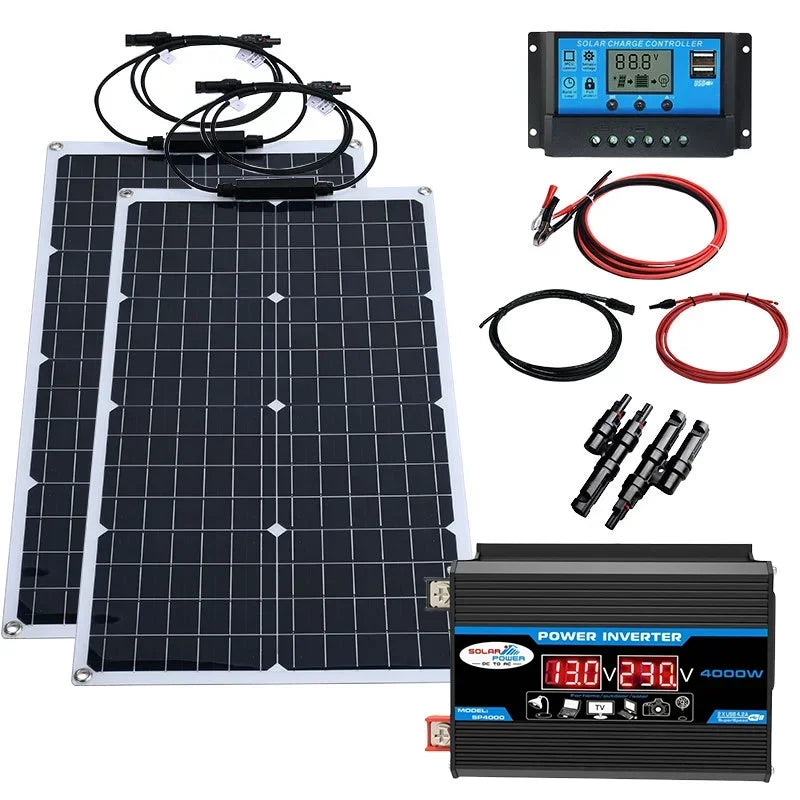 2000W Solar Energy System 110V/220V 4000W Solar Panel Inverter Glass 12V Battery Charging Controller For Home/Outdoor Use