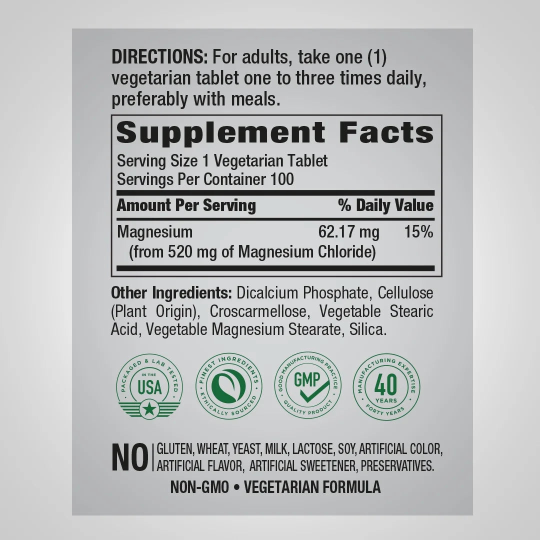 Magnesium Chloride 520Mg | 100 Tablet Capsules | Supplement for Men and Women | by