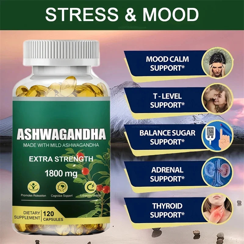 KSM-66 Cápsulas de Ashwagandha 1800 mg Suplemento de rendimiento muscular Enfoque de estrés Energía cerebral Apoyo de la salud del sueño