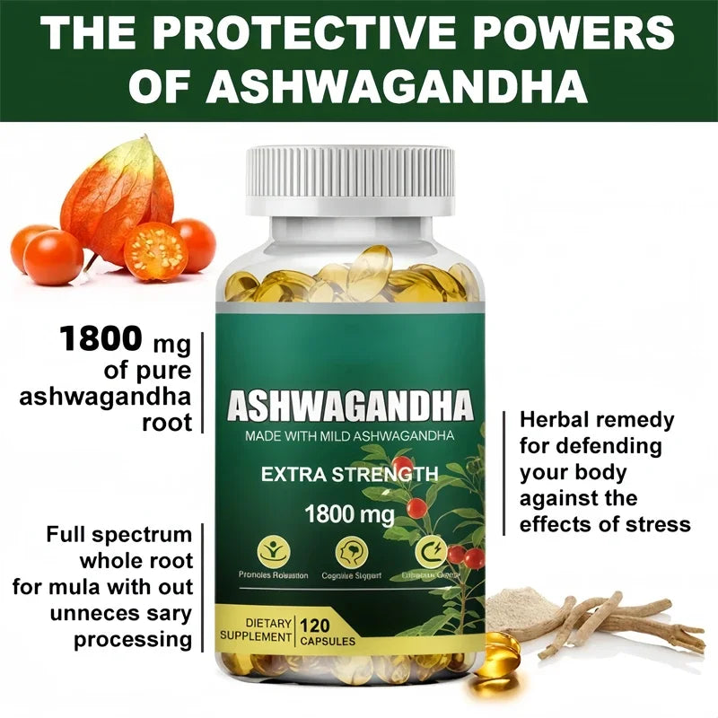 KSM-66 Cápsulas de Ashwagandha 1800 mg Suplemento de rendimiento muscular Enfoque de estrés Energía cerebral Apoyo de la salud del sueño