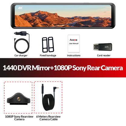 Acceo A45P 4K Car DVR 12 Inch Touch IPS Sony 415 Park RearView Mirror Support Rear View Camera Dashcam Car Camera Video Recorder
