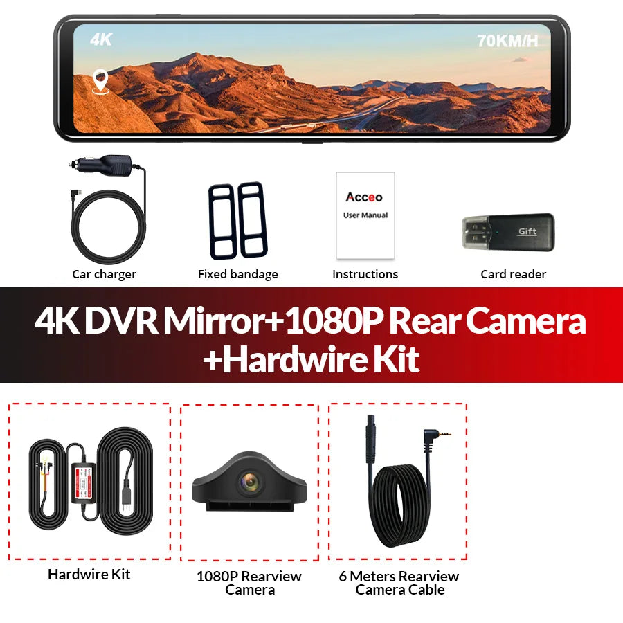 Acceo A45P 4K Car DVR 12 Inch Touch IPS Sony 415 Park RearView Mirror Support Rear View Camera Dashcam Car Camera Video Recorder