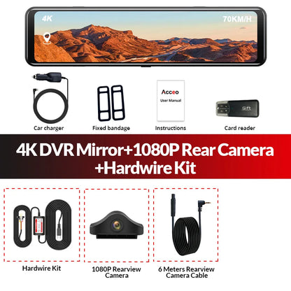 Acceo A45P 4K Car DVR 12 Inch Touch IPS Sony 415 Park RearView Mirror Support Rear View Camera Dashcam Car Camera Video Recorder