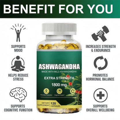 KSM-66 Cápsulas de Ashwagandha 1800 mg Suplemento de rendimiento muscular Enfoque de estrés Energía cerebral Apoyo de la salud del sueño