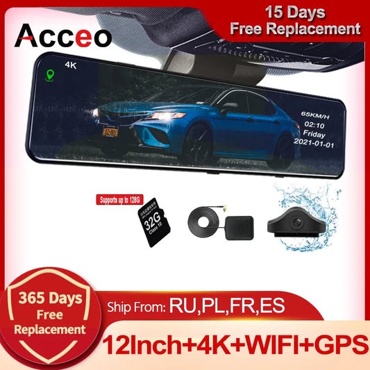 Acceo A45P 4K Car DVR 12 Inch Touch IPS Sony 415 Park RearView Mirror Support Rear View Camera Dashcam Car Camera Video Recorder