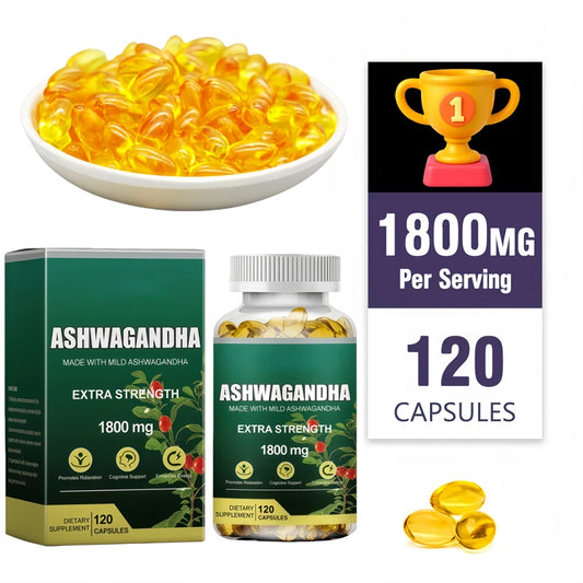 KSM-66 Cápsulas de Ashwagandha 1800 mg Suplemento de rendimiento muscular Enfoque de estrés Energía cerebral Apoyo de la salud del sueño
