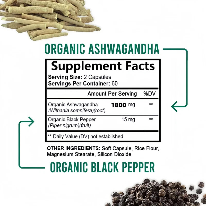 KSM-66 Cápsulas de Ashwagandha 1800 mg Suplemento de rendimiento muscular Enfoque de estrés Energía cerebral Apoyo de la salud del sueño