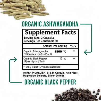 KSM-66 Cápsulas de Ashwagandha 1800 mg Suplemento de rendimiento muscular Enfoque de estrés Energía cerebral Apoyo de la salud del sueño