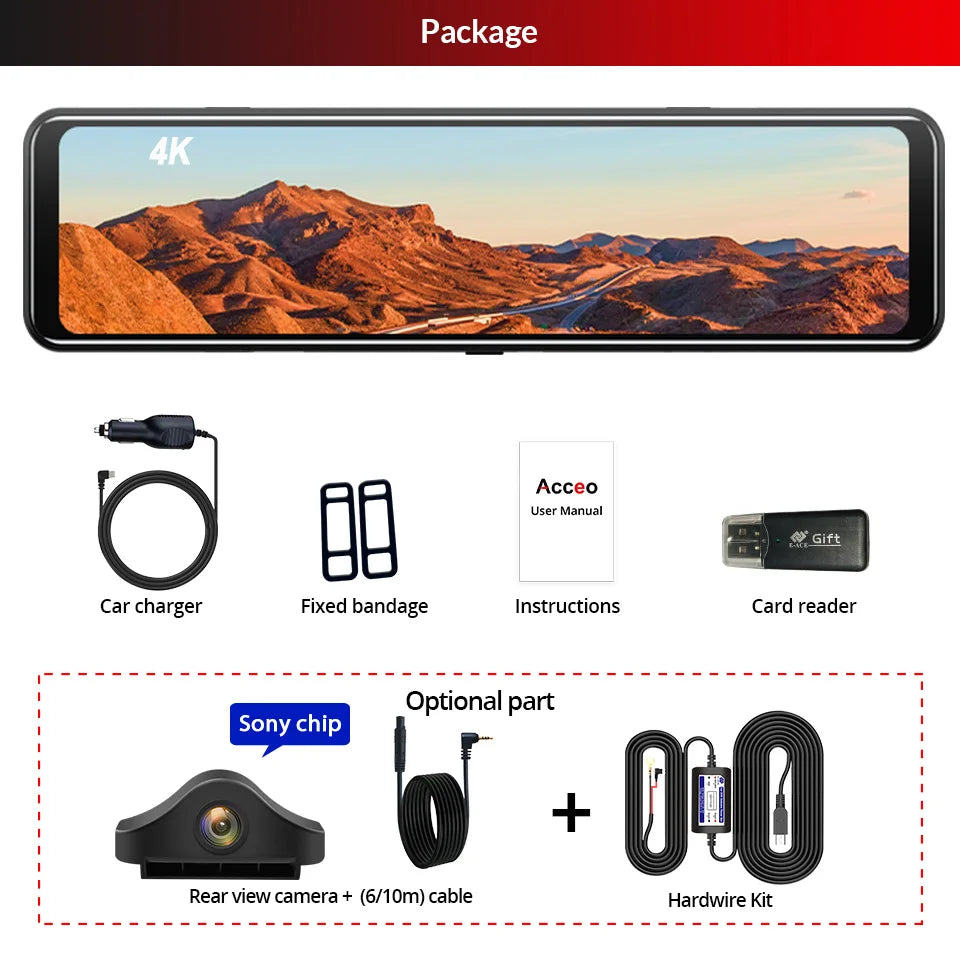 Acceo A45P 4K Car DVR 12 Inch Touch IPS Sony 415 Park RearView Mirror Support Rear View Camera Dashcam Car Camera Video Recorder