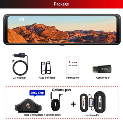 Acceo A45P 4K Car DVR 12 Inch Touch IPS Sony 415 Park RearView Mirror Support Rear View Camera Dashcam Car Camera Video Recorder